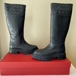 New Baldinini Italy Knee Boots Black Leather Platform Woven Lug Sole 40/10 W/Box